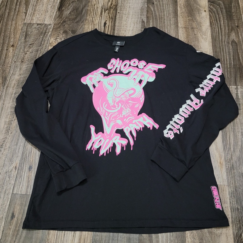 H&M T-Shirt Long Sleeve Critical Hit Crew Neck Black Men's Size Medium